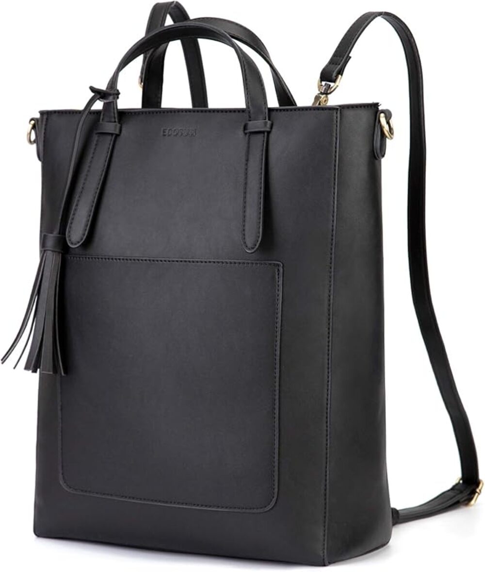 ECOSUSI Black Vegan Leather Convertible Backpack Tote Bag Laptop Briefcase